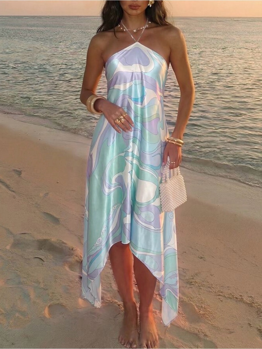 Pastel Swirl Halter Midi Dress - Light Blue & Lavender